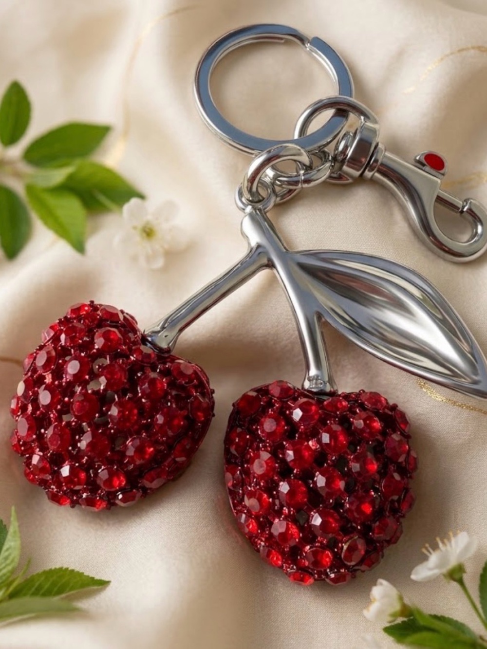 Crystal Cherry Bag Charm Keychain | Red & Silver Purse Accessory